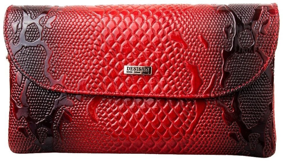 Лакированный женский кошелек из натуральной кожи с кистевым ремешком Desisan 107013 красного цвета с тиснением под рептилию фото №1 Лакированный женский кошелек из натуральной кожи с кистевым ремешком Desisan 107013 красного цвета с тиснением под рептилию modnotak фото №1
