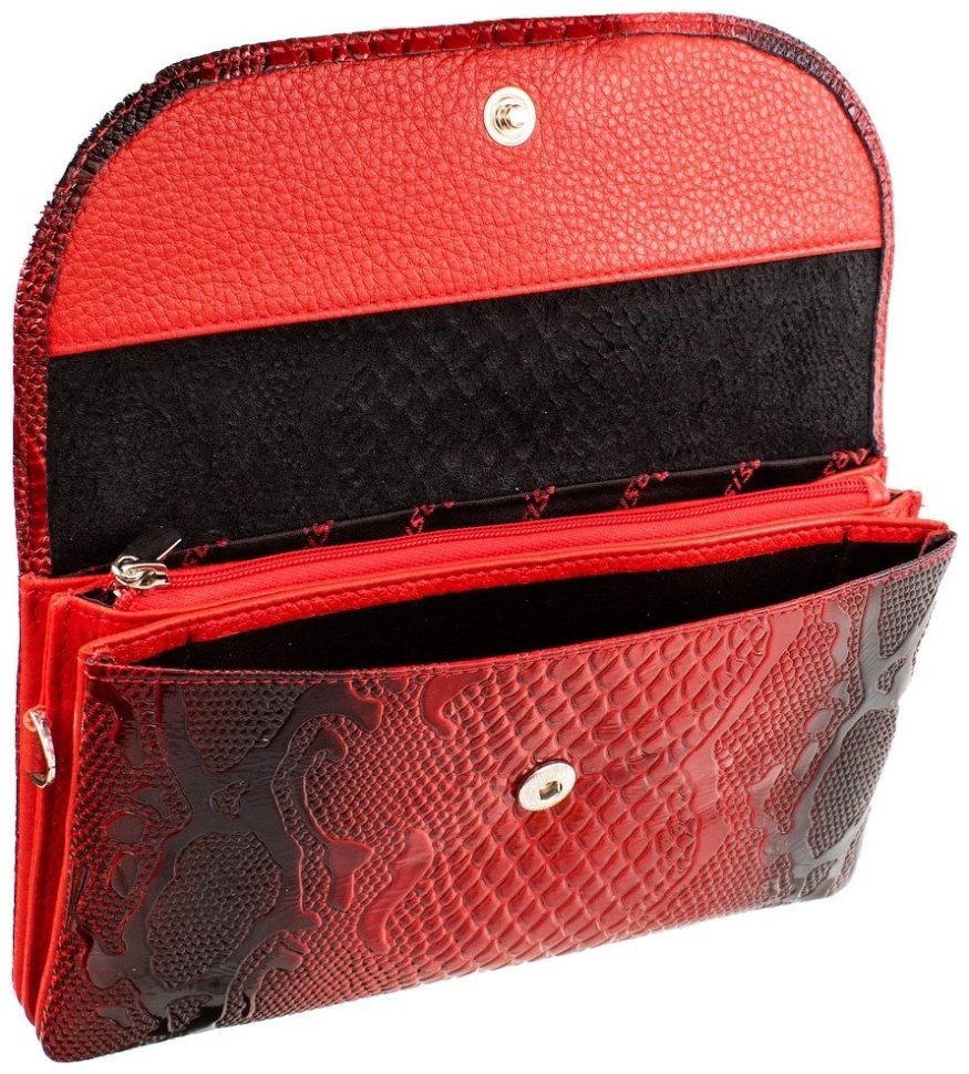 Лакированный женский кошелек из натуральной кожи с кистевым ремешком Desisan 107013 красного цвета с тиснением под рептилию фото №3 Лакированный женский кошелек из натуральной кожи с кистевым ремешком Desisan 107013 красного цвета с тиснением под рептилию modnotak фото №3
