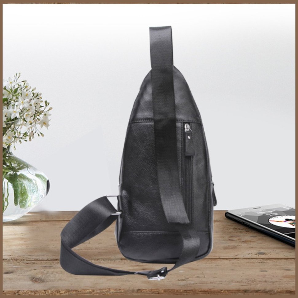Мужская сумка-слинг из фактурной кожи черного цвета на два отделения Tiding Bag 77513