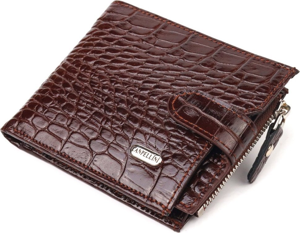 Коричневий чоловічий гаманець із натуральної фактурної шкіри на кнопці CANPELLINI (2421503)