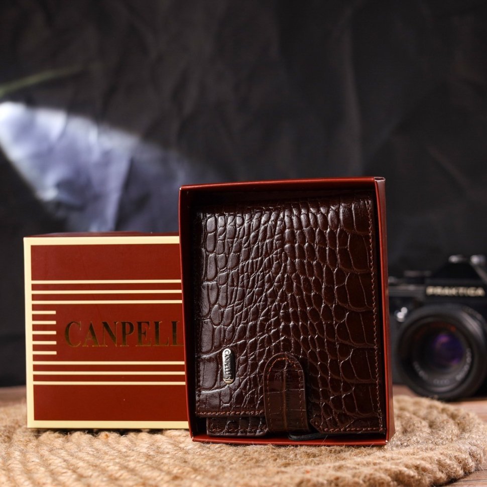 Коричневий чоловічий гаманець із натуральної фактурної шкіри на кнопці CANPELLINI (2421503)