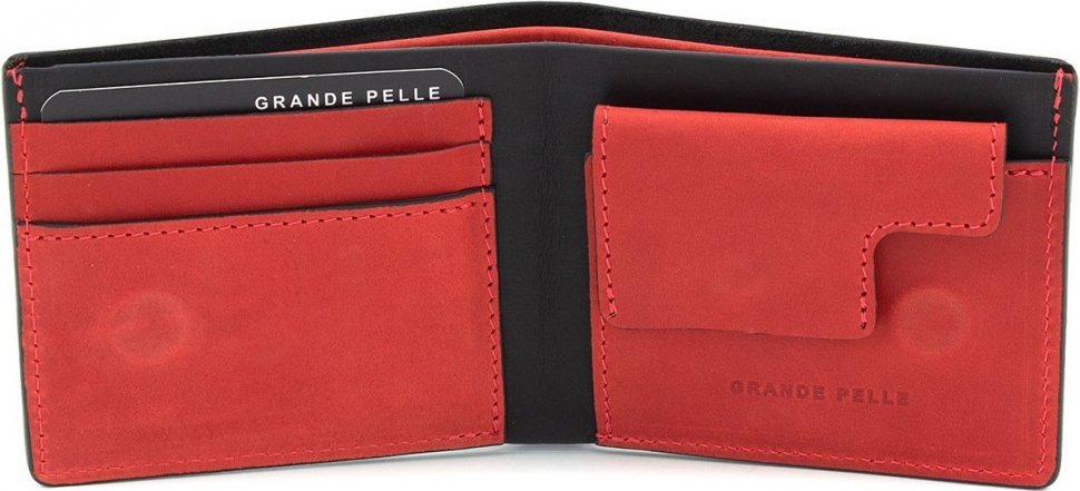Компактний гаманець чорно-червоного кольору з вінтажної шкіри Grande Pelle (15428)