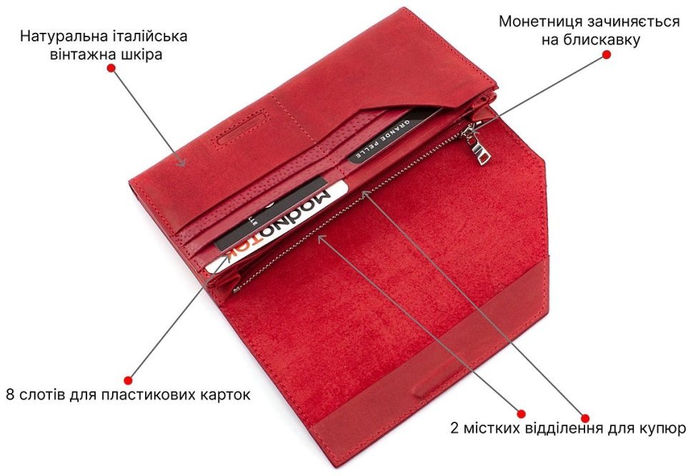 Красный матовый купюрник ручной работы Grande Pelle (13088) modnotak фото №4