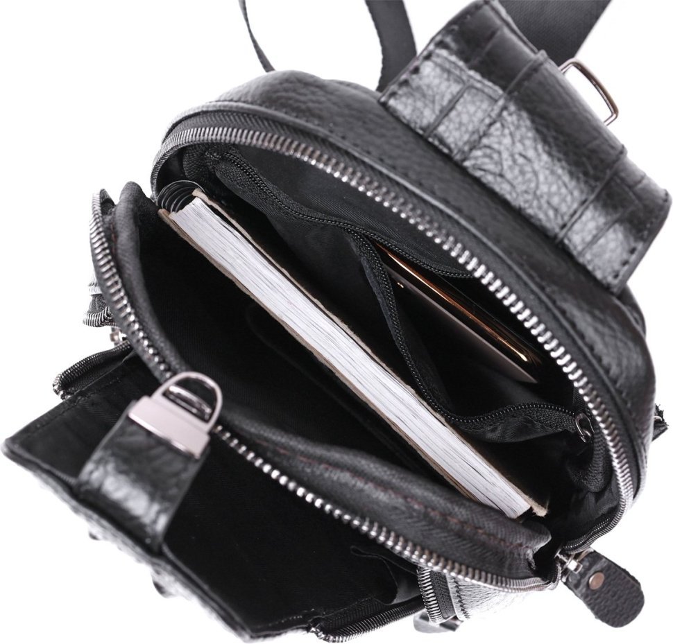 Молодежная кожаная мужская сумка-слинг через плечо в черном цвете Vintage (20671)