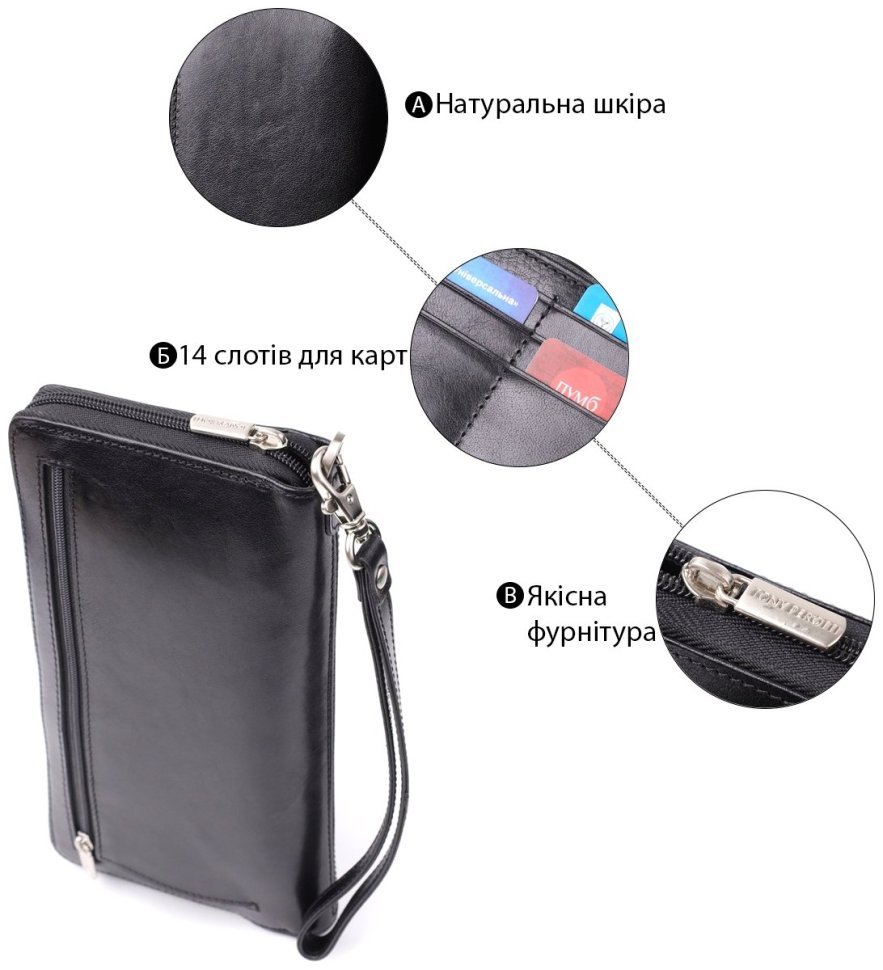 Мужской клатч с ремешком на запястье из гладкой натуральной итальянской кожи Tony Perotti 103314 Черный modnotak фото №4