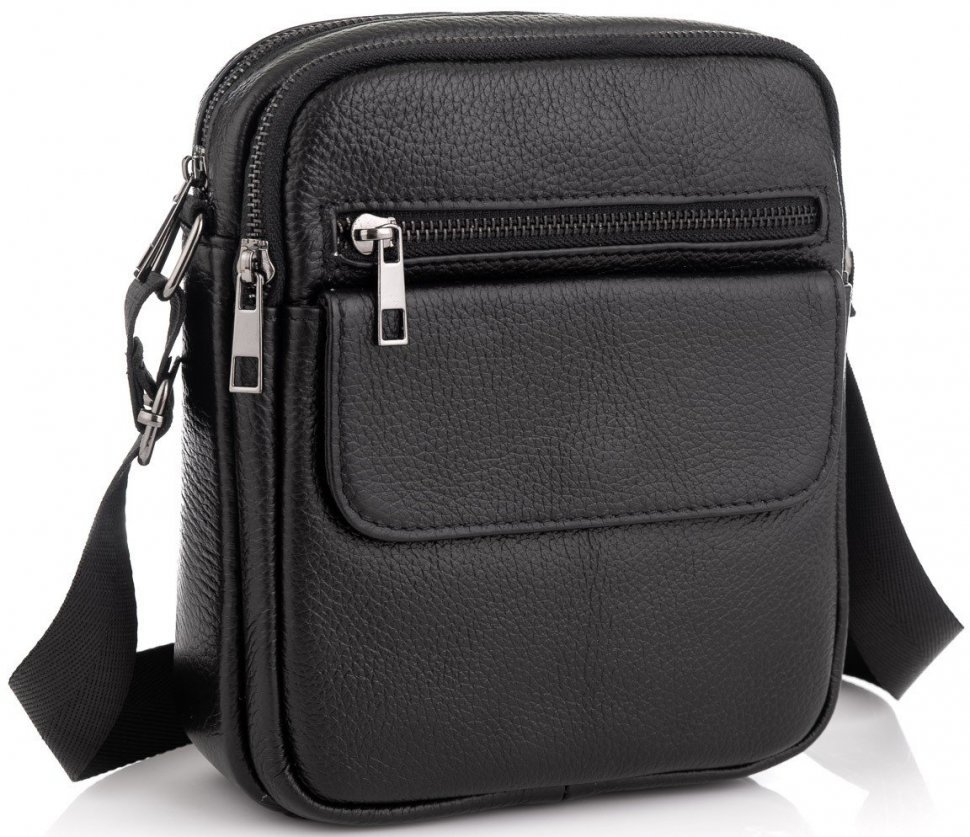 Маленькая мужская сумка через плечо из натуральной кожи черного окраса Tiding Bag (21559)