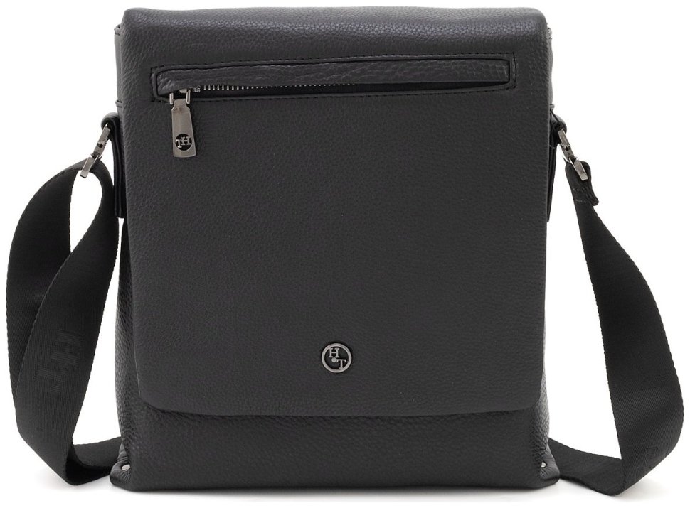 Мужская плечевая кожаная сумка черного цвета H.T Leather 94514 modnotak фото №4