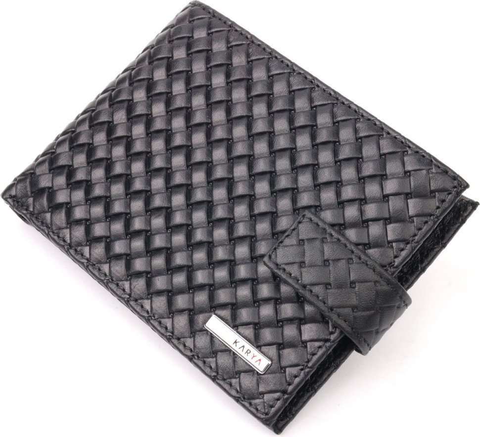 Черное мужское портмоне из натуральной кожи с эффектом под плетенку KARYA (2421200)