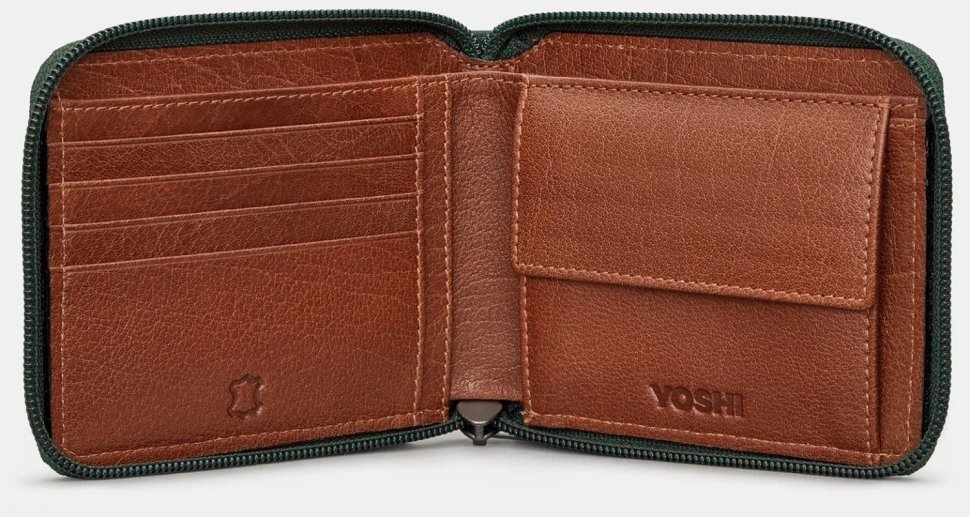 Компактный мужской кожаный кошелек на молнии с RFID-защитой Yoshi Y2046 зелено-коричневого цвета 95514 фото №3 Компактный мужской кожаный кошелек на молнии с RFID-защитой Yoshi Y2046 зелено-коричневого цвета 95514 modnotak фото №3