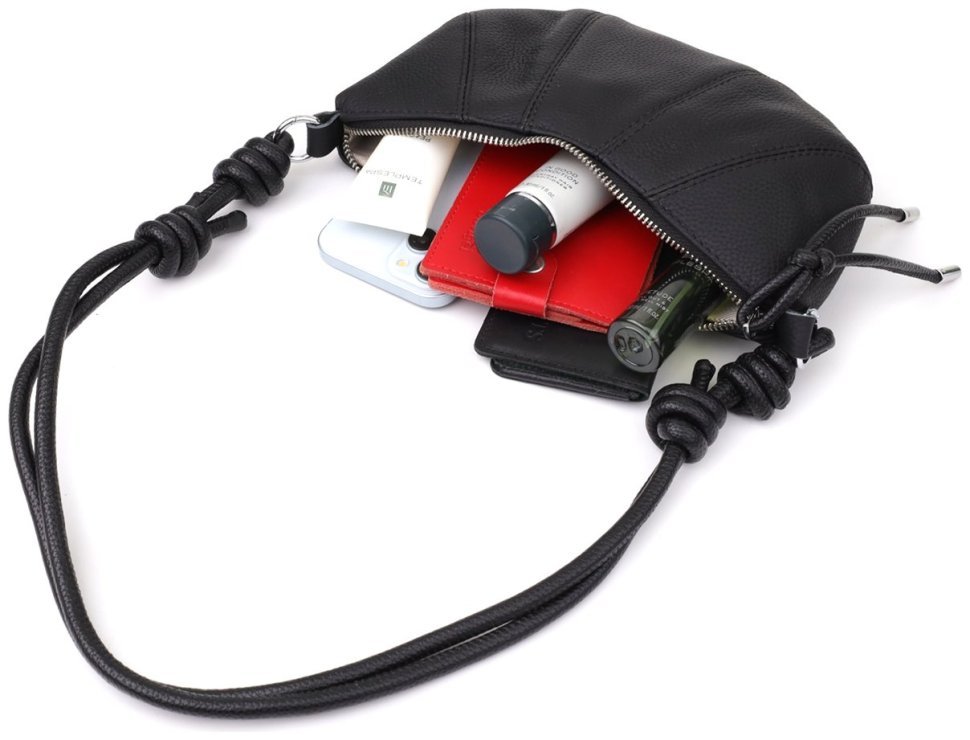 Напівкругла жіноча сумка з фактурної шкіри через плече Vintage 98214 чорного кольору modnotak фото №8