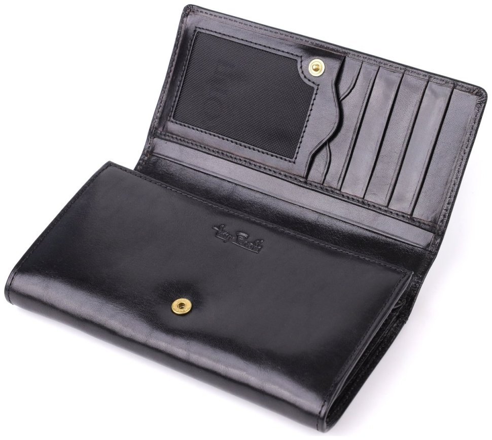 Большой повседневный женский кошелек из гладкой кожи на кнопке Tony Perotti черного цвтеа 108514 modnotak фото №6