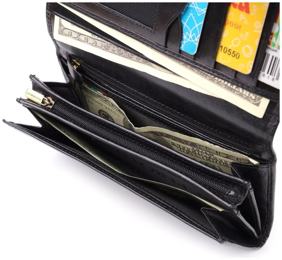 Большой повседневный женский кошелек из гладкой кожи на кнопке Tony Perotti черного цвтеа 108514 modnotak фото №8