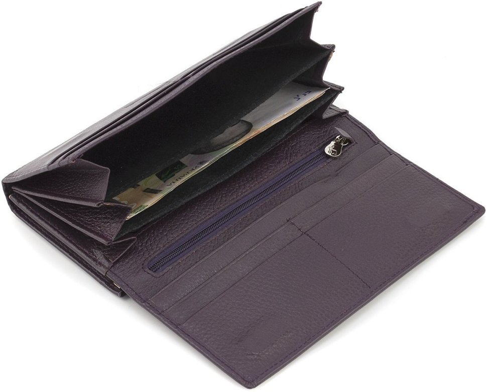 Большой женский кожаный кошелек фиолетового цвета с вместительной монетницей Marco Coverna 68614