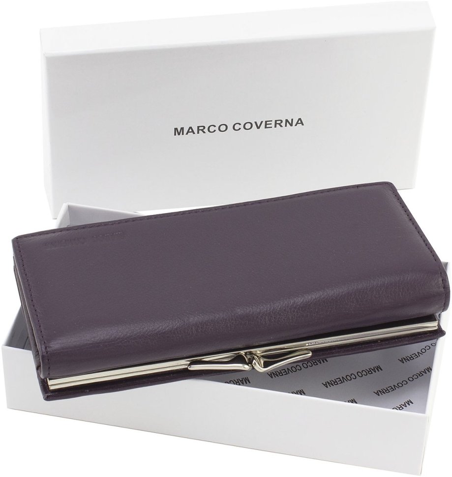 Великий жіночий шкіряний гаманець фіолетового кольору із місткою монетницею Marco Coverna 68614