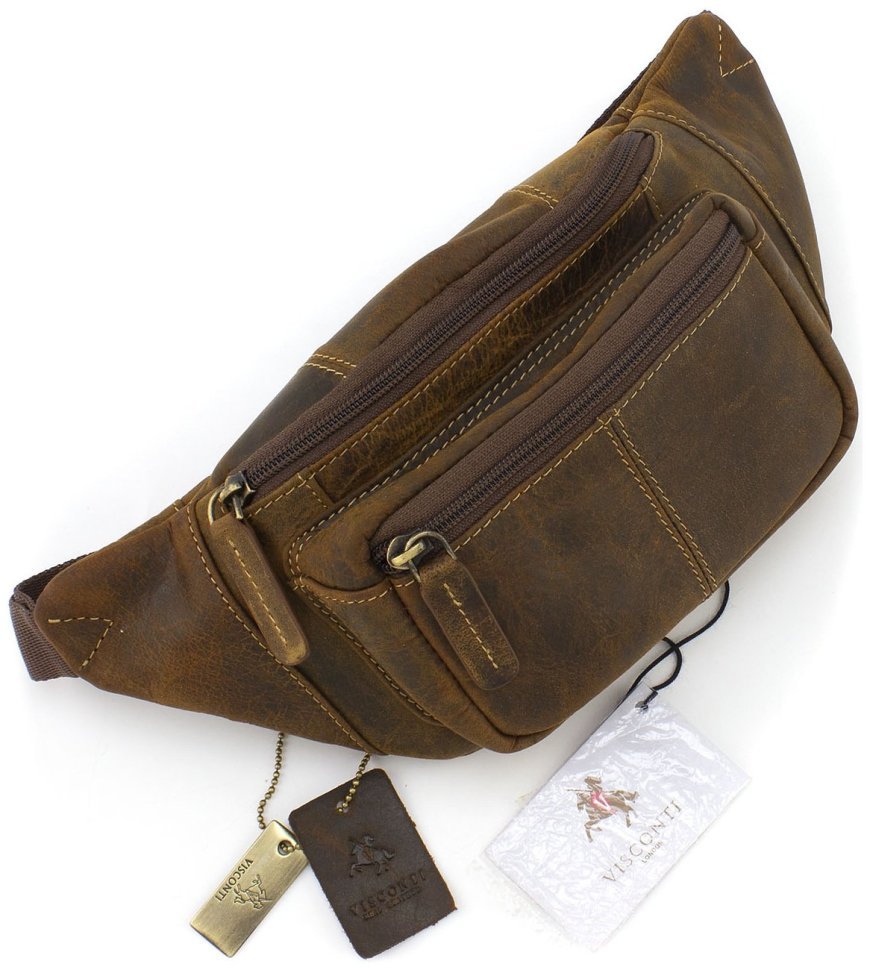 Світло-коричнева чоловіча сумка-бананка середнього розміру з вінтажної шкіри Visconti 69014
