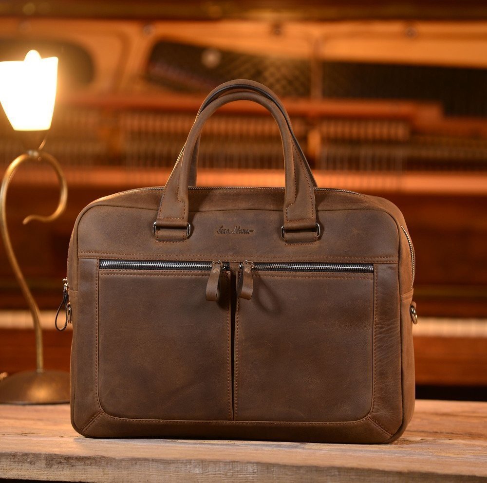 Темно-коричнева чоловіча ділова сумка з натуральної шкіри вантажного стилю Issa Hara (27046)