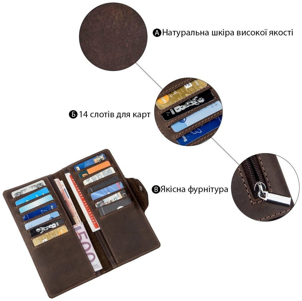 Вертикальный купюрник коричневого цвета из винтажной кожи на кнопке SHVIGEL (2416180)