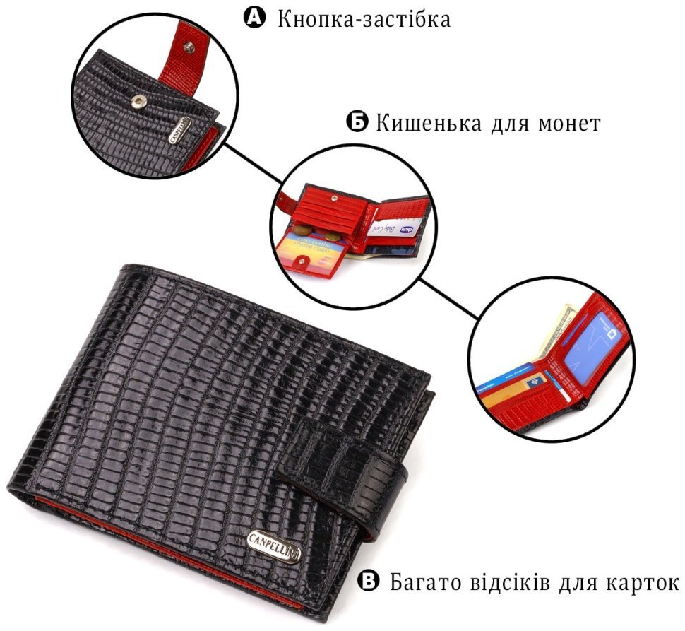 Чорно-червоне портмоне з лакової шкіри під рептилію CANPELLINI (2421751) фото №10 Чорно-червоне портмоне з лакової шкіри під рептилію CANPELLINI (2421751) modnotak фото №10