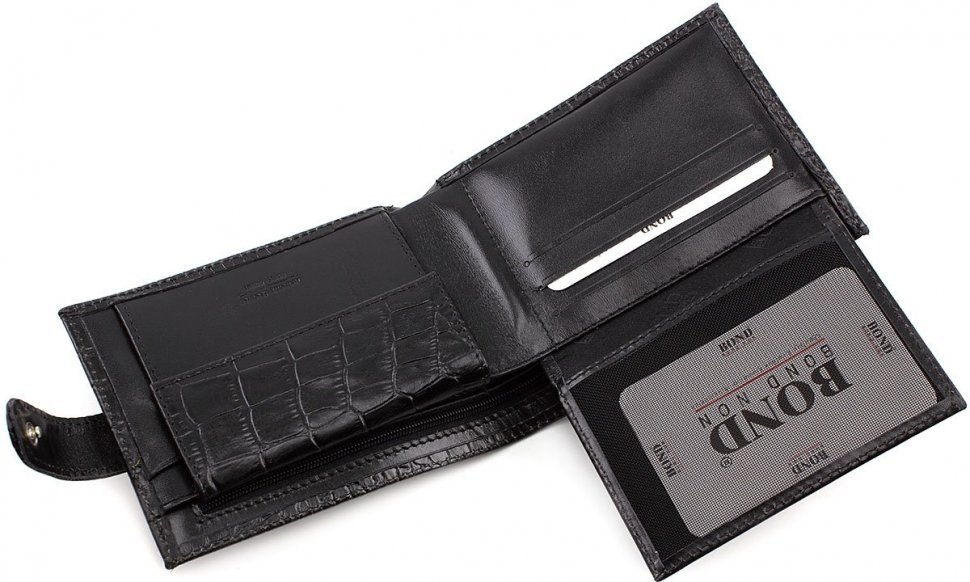 Чоловіче портмоне чорного кольору з натуральної шкіри з тисненням Bond Non (10651)