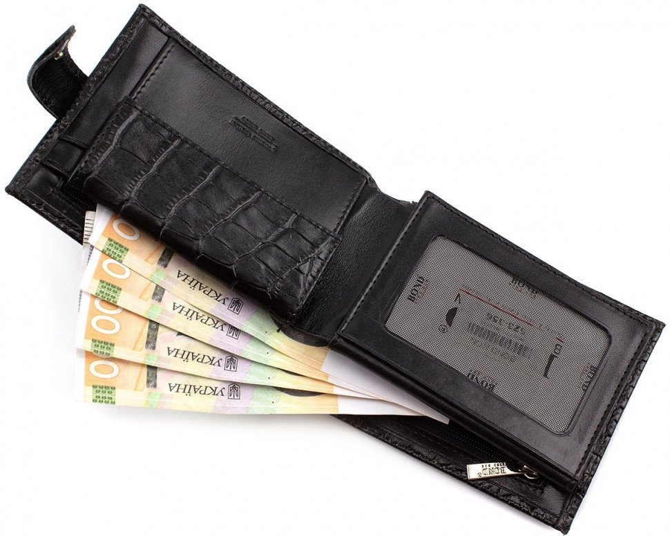 Мужское портмоне черного цвета из натуральной кожи с тиснением Bond Non (10651)
