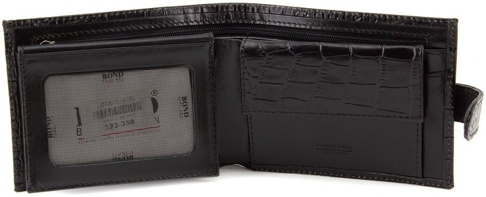 Чоловіче портмоне чорного кольору з натуральної шкіри з тисненням Bond Non (10651)