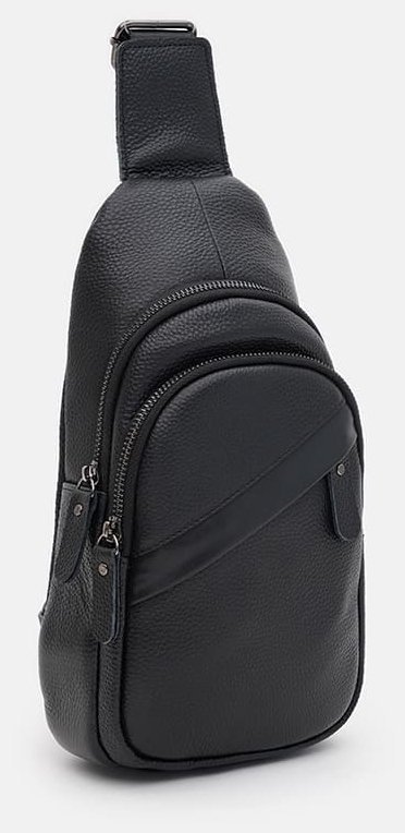 Вместительная мужская сумка слинг из натуральной кожи Borsa Leather 104515 черного цвета modnotak фото №2