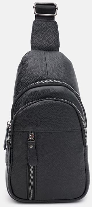 Чоловічий шкіряний рюкзак-слінг чорного кольору через плече Keizer (56015)