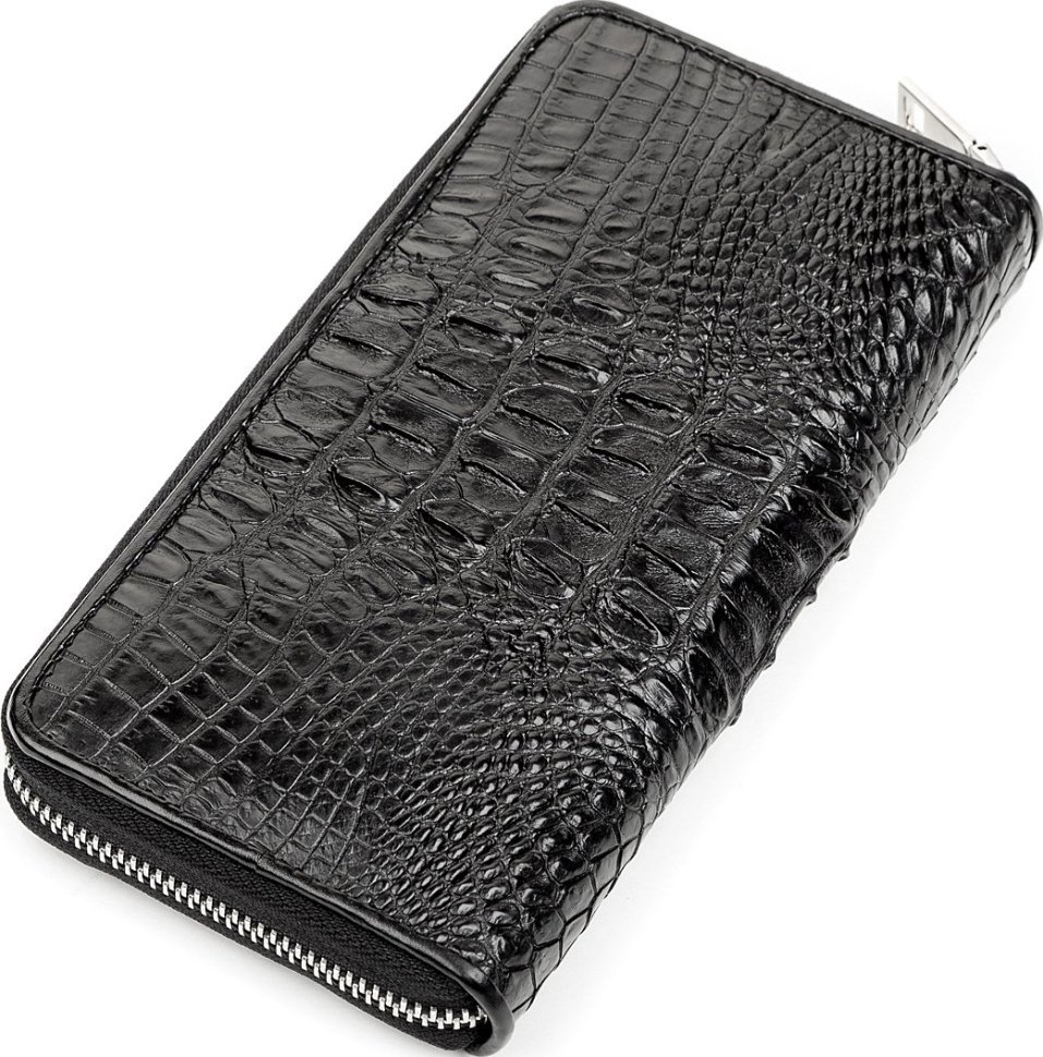 Великий гаманець зі шкіри крокодила на блискавки чорного кольору CROCODILE LEATHER (024-18268)