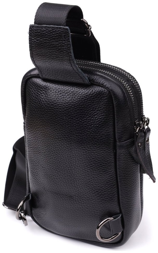 Вместительная мужская слинг-сумка из натуральной фактурной кожи черного цвета Vintage 98115 фото №2 Вместительная мужская слинг-сумка из натуральной фактурной кожи черного цвета Vintage 98115 modnotak фото №2