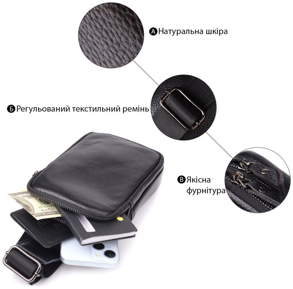 Вместительная мужская слинг-сумка из натуральной фактурной кожи черного цвета Vintage 98115 фото №4 Вместительная мужская слинг-сумка из натуральной фактурной кожи черного цвета Vintage 98115 modnotak фото №4