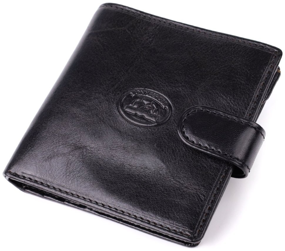 Классический мужской кошелек из гладкой кожи на кнопке без монетницы Tony Perotti черный 108515 modnotak фото №1