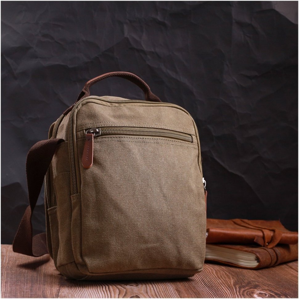 Чоловіча текстильна сумка-барсетка оливкового кольору з ручкою Vintage 2422228