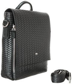 Мужская сумка-барсетка из плетеной кожи черного цвета DESISAN 80816