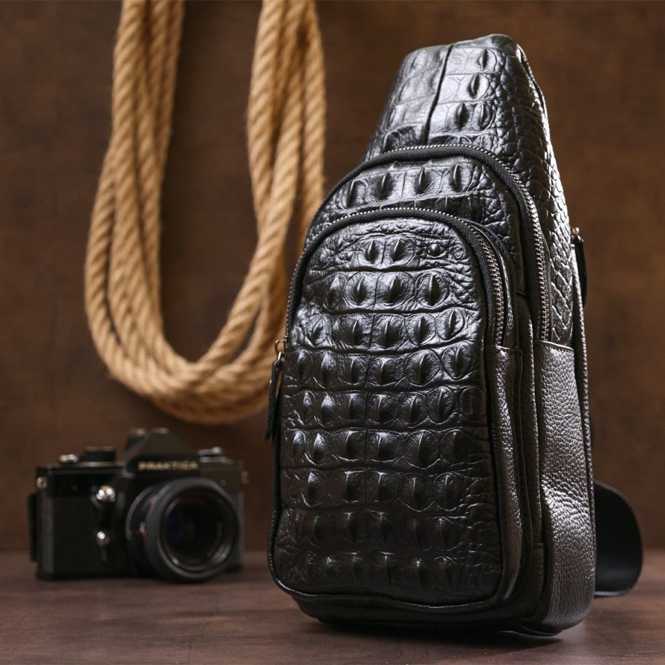 Сучасна шкіряна чоловіча сумка-рюкзак з фактурою під крокодила Vintage (20674)