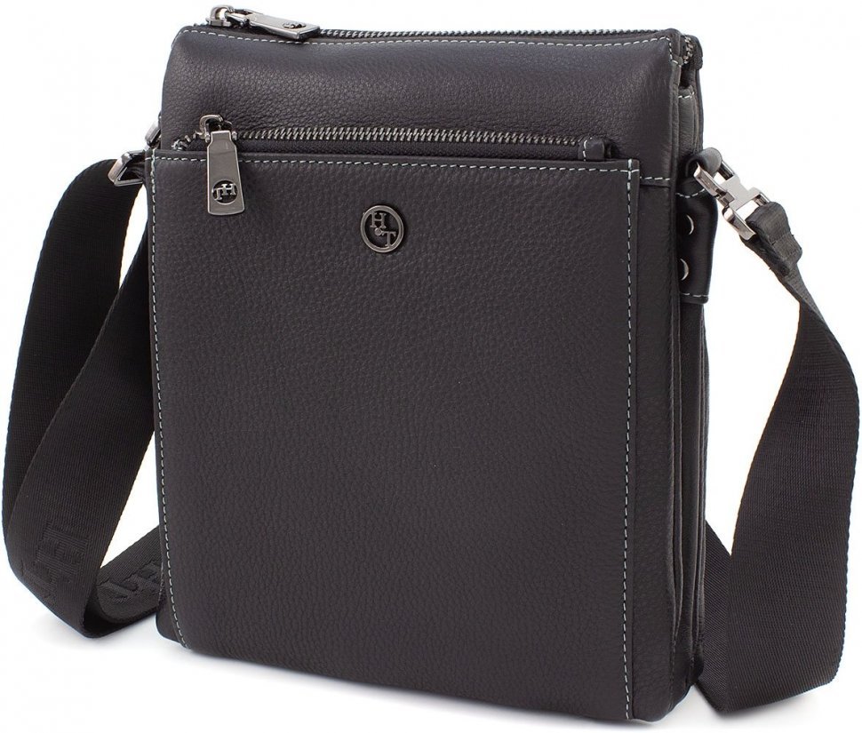 Чорна чоловіча наплічна сумка з натуральної шкіри високої якості H.T Leather (10327)