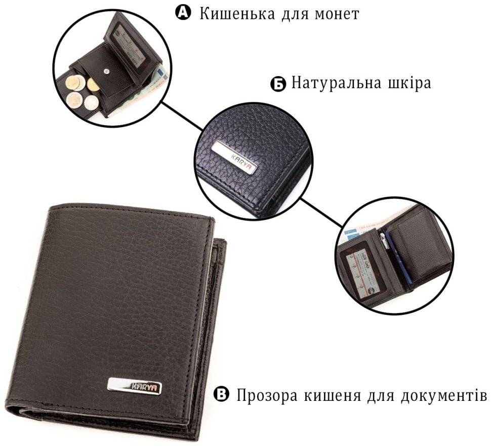 Чоловічий портмоне подвійного додавання з натуральної чорної шкіри KARYA (2417229) modnotak фото №12
