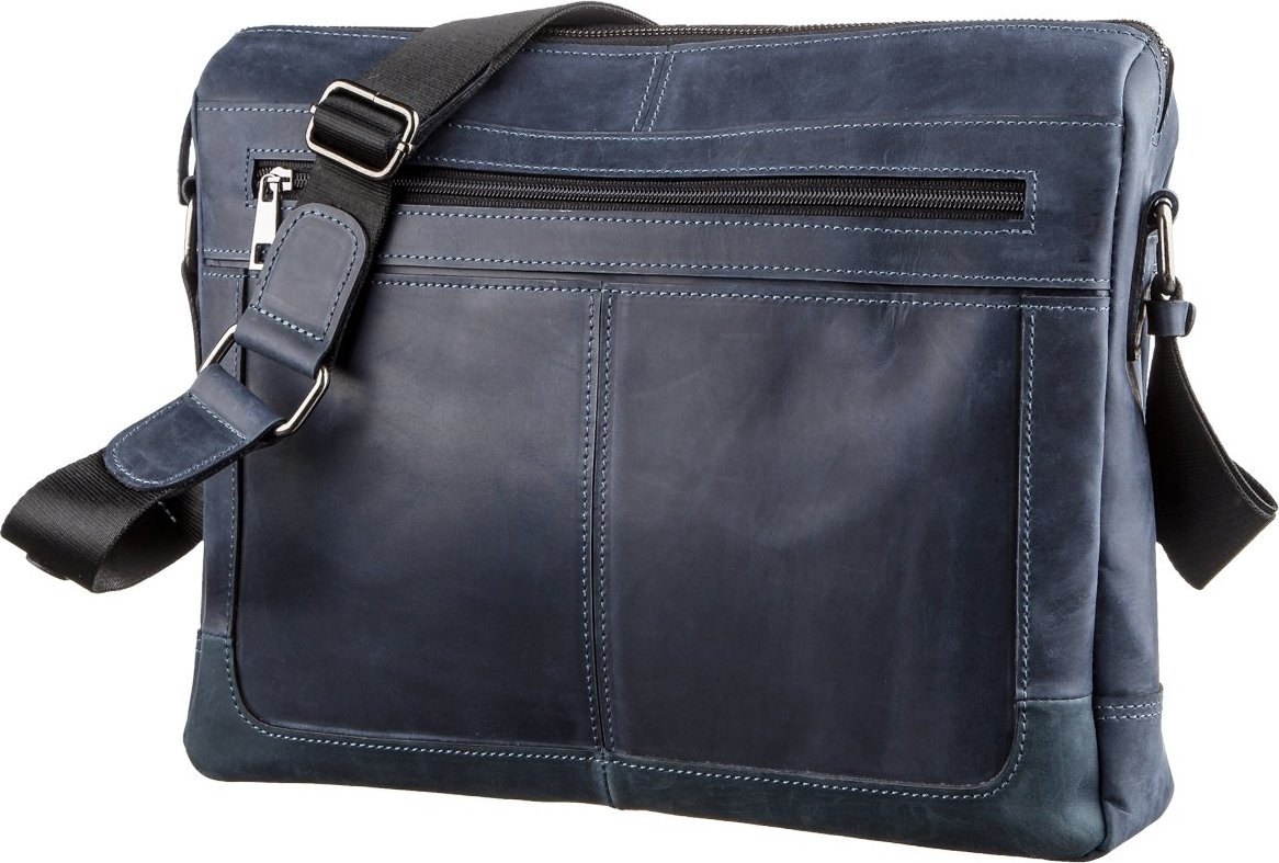 Темно-синяя деловая мужская кожаная сумка на плечо SHVIGEL (11249)