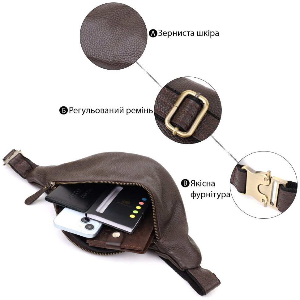 Большая мужская сумка бананка из натуральной кожи флотар коричневого цвета Shvigel 95316 фото №4 Большая мужская сумка бананка из натуральной кожи флотар коричневого цвета Shvigel 95316 modnotak фото №4