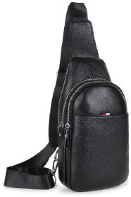 Мужской кожаный слинг-рюкзак черного цвета на два отдела Tiding Bag 77516
