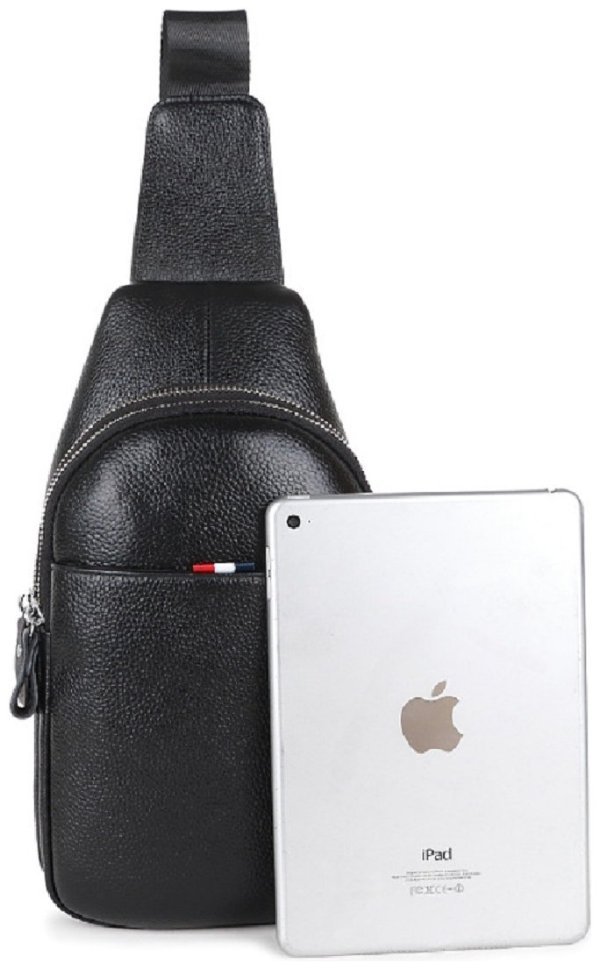Чоловічий шкіряний слінг-рюкзак чорного кольору на два відділи Tiding Bag 77516