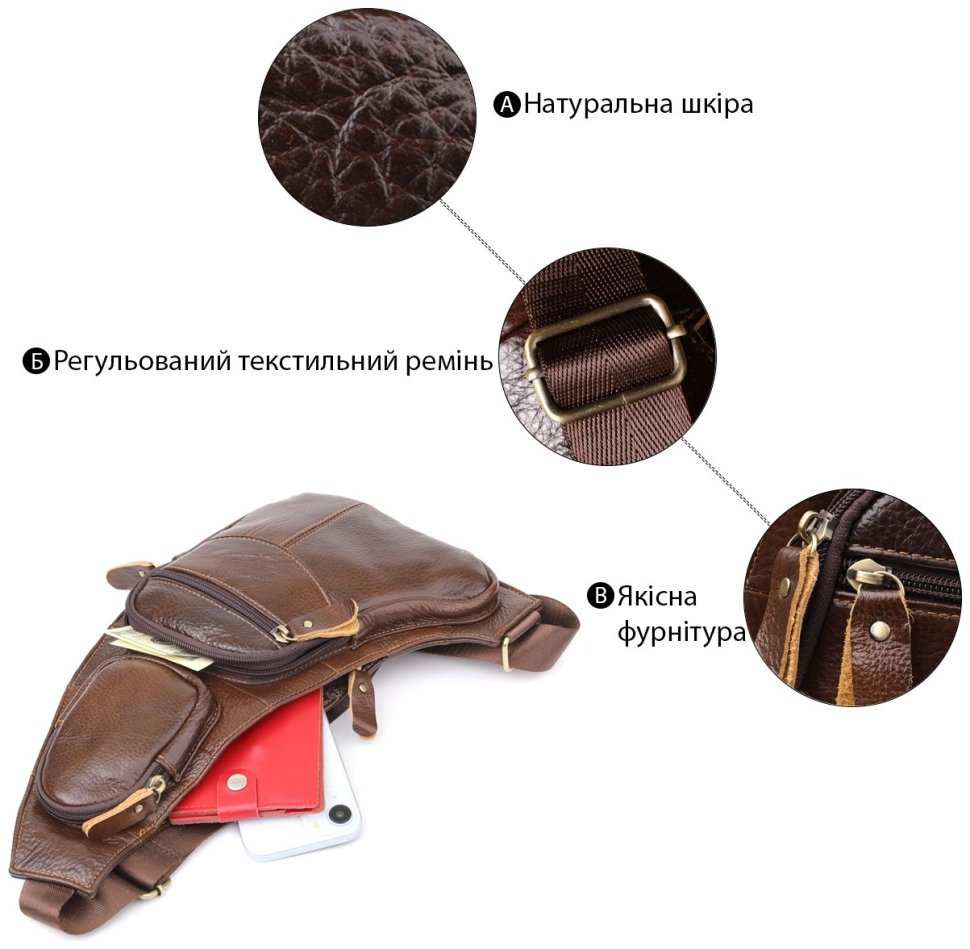 Вместительная мужская сумка слинг из натуральной кожи коричневого цвета Vintage 98116 фото №4 Вместительная мужская сумка слинг из натуральной кожи коричневого цвета Vintage 98116 modnotak фото №4