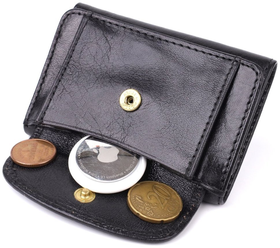 Небольшой женский кошелек из гладкой кожи с монетницей на кнопке Tony Perotti черного цвета 108516 modnotak фото №5