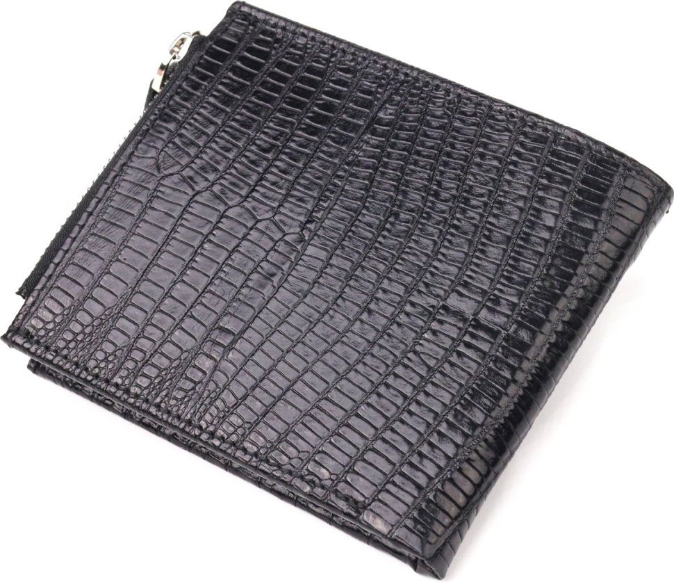 Мужское черное портмоне из натуральной кожи под крокодила с хлястиком на кнопке CANPELLINI (2421506) 