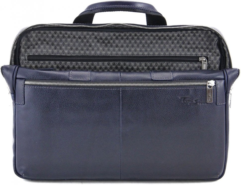 Темно-синяя сумка под ноутбук из натуральной кожи Tom Stone (10956)
