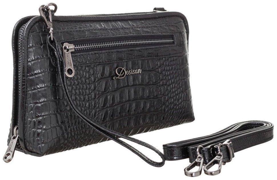Женская кожаная сумка-клатч с фактурой под крокодила в черном цвете Desisan 79916 modnotak фото №4