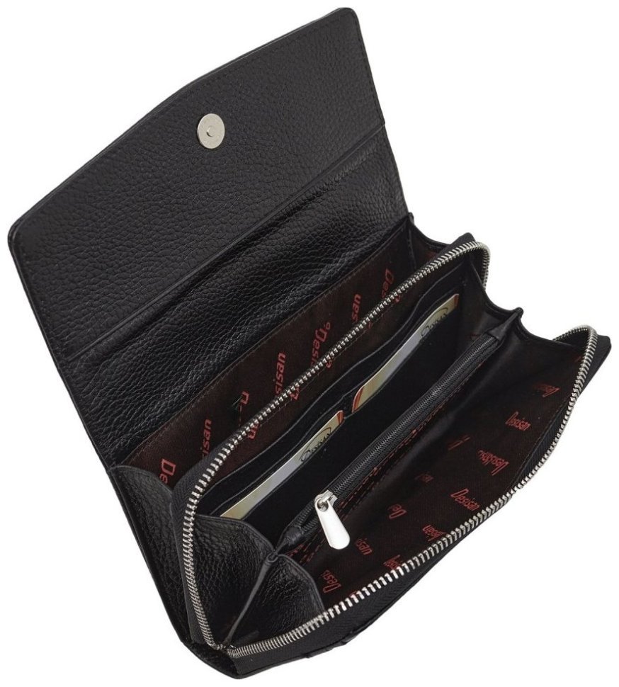 Великий жіночий гаманець із фактурної шкіри чорного кольору з фіксацією на клапан із магнітом Desisan 81117 modnotak фото №4