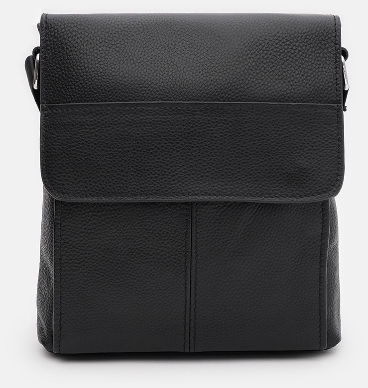 Мужская кожаная плечевая сумка-планшет черного цвета с клапаном Keizer 71517
