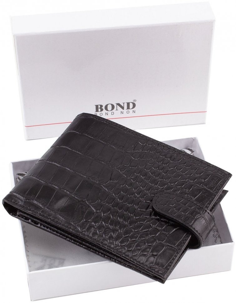 Черное портмоне из натуральной кожи с тиснением под крокодила Bond Non (10656)