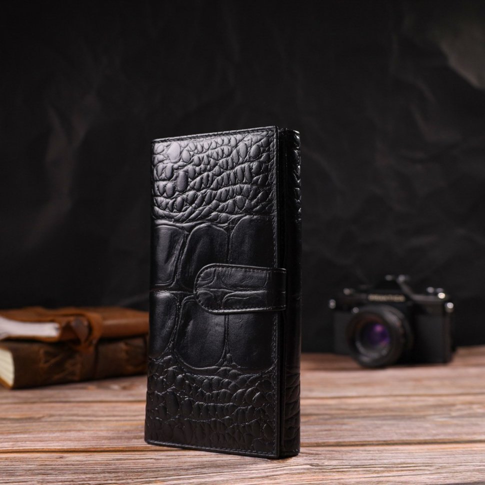 Чорний довгий жіночий гаманець з натуральної шкіри під крокодила CANPELLINI (2421853)