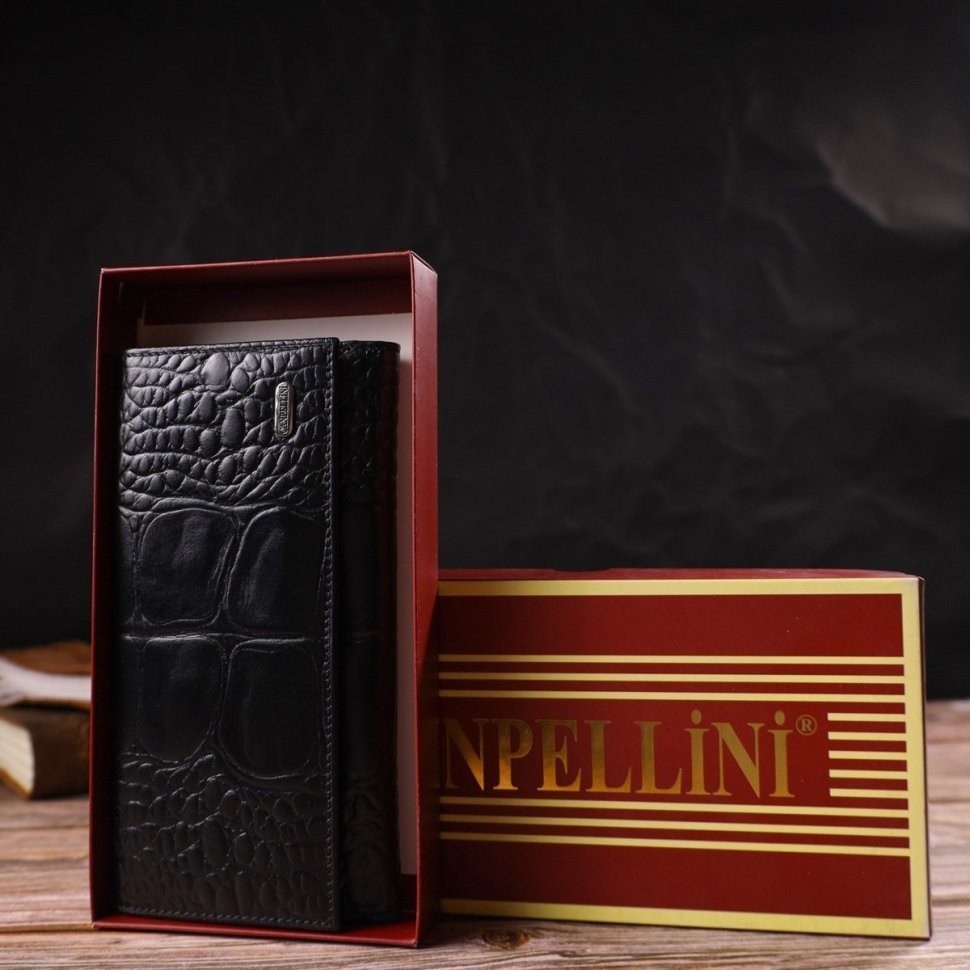 Чорний довгий жіночий гаманець з натуральної шкіри під крокодила CANPELLINI (2421853)